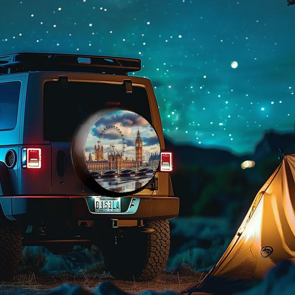 Housse de pneu London Skyline avec design Big Ben & London Eye – Polyester durable pour Jeeps, SUV, camions, remorques élégantes