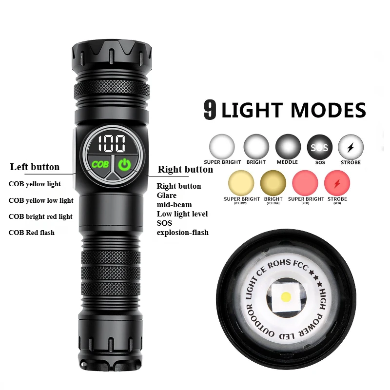 5000 lumens 6800 mah battery Outdoor camping patrol dual light source intelligent display aluminum tactical flashlight