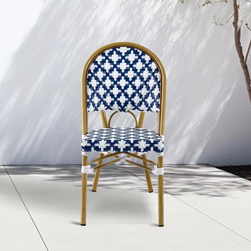 Modern French Parisian Blue White Garden Restaurant Wicker Aluminum Furniture Outdoor Patio Cafe Rattan Dining Bistro Chairs