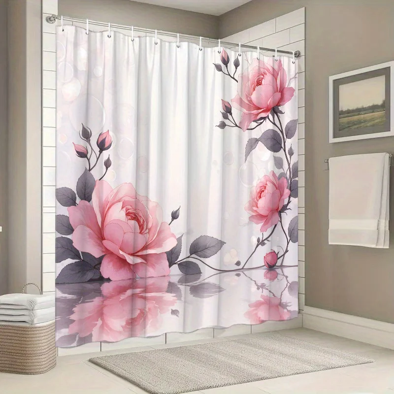 1pc Rose Shower Curtain Pink Roses Black Vines Reflective Water Design Bathroom Decor with 12 Hooks 70.8x70.8inch