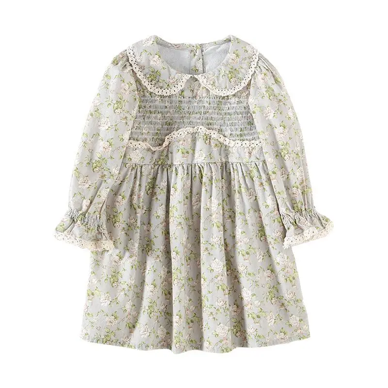 

2023 Spring Autumn Dress for Kids Girls Long Sleeve Flower Dress Lapel Korean Style Kid Clothes Casual Children Clothes