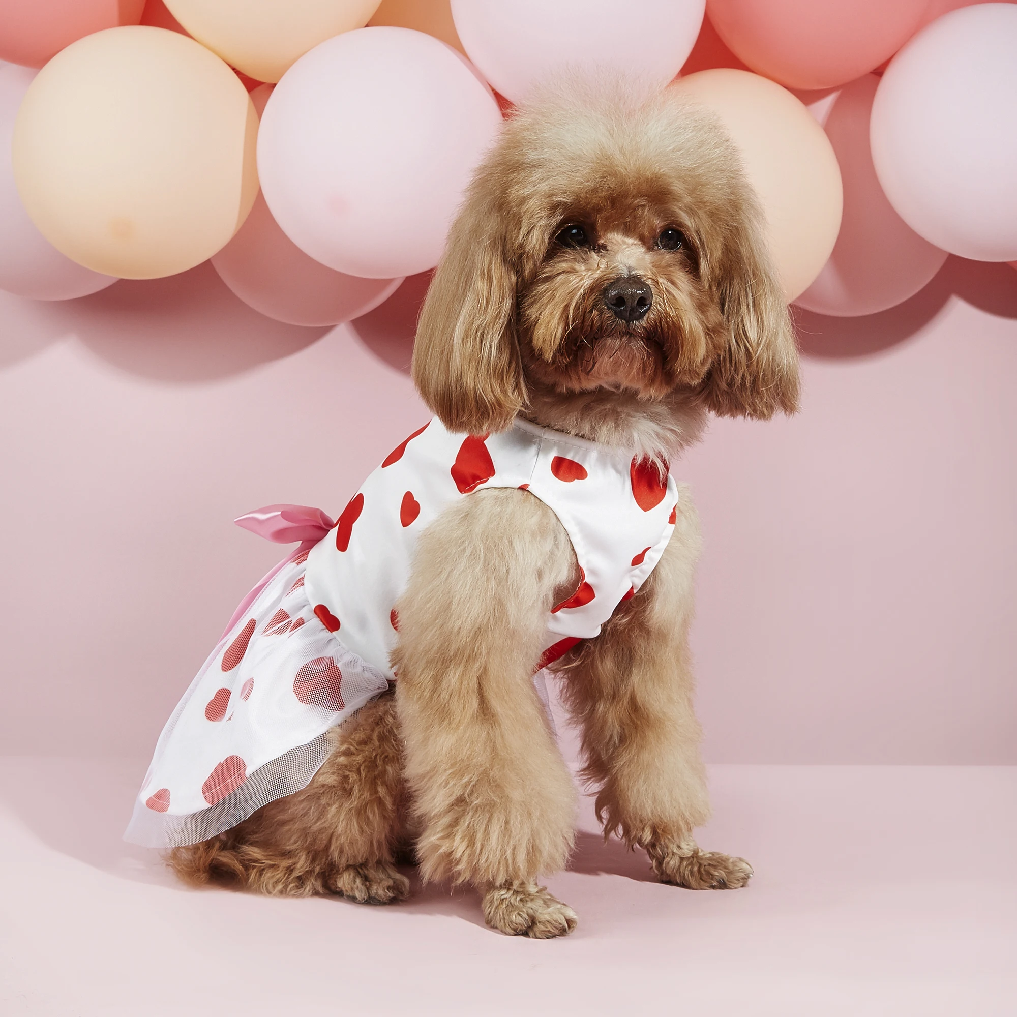 Dog Dress Girl Dog Sleeveless  Clothes  Heart Printed Pet Apparel Doggie Pink Bowknot Tulle Cat Clothing Puppy Dresses Doggy