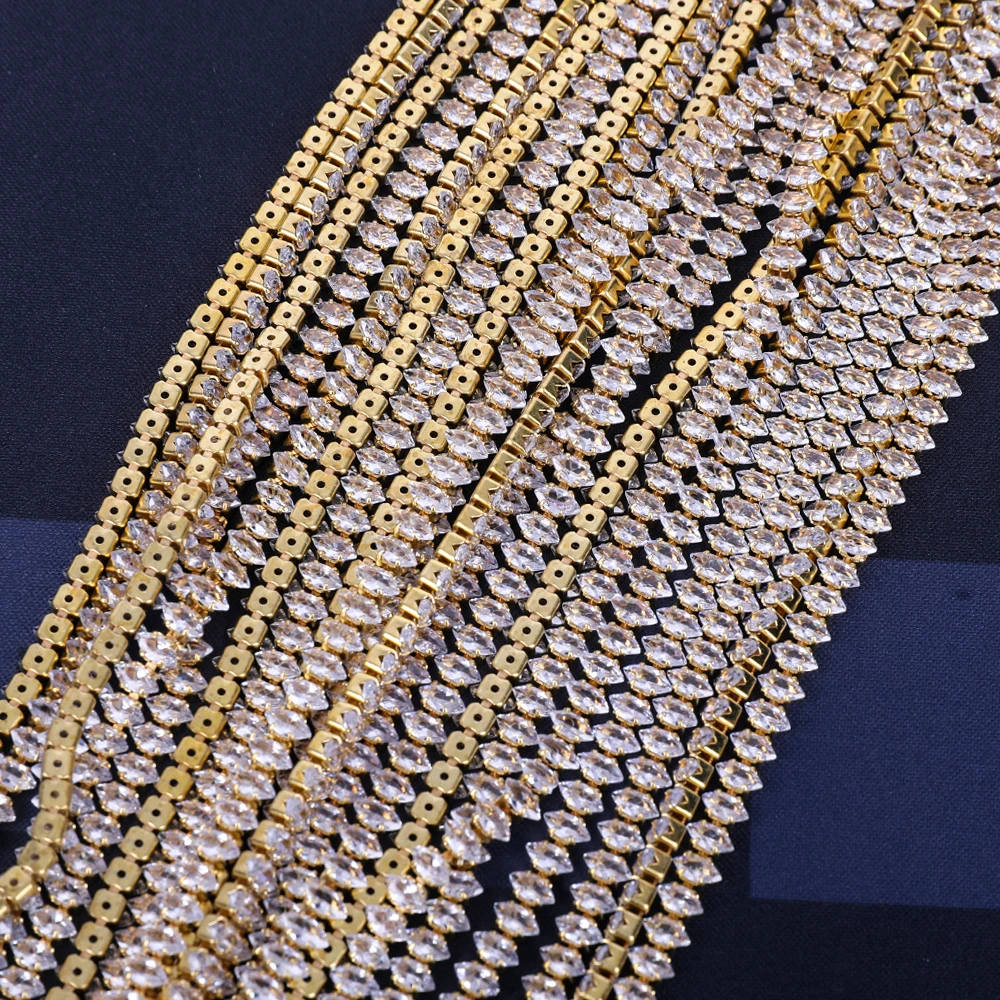 Shiny Gold Base Round Teardrop Rectangle Clear Zircon Rhinestone Chain Crystal Trim For Nail Art Jewelry Clothes Accessories