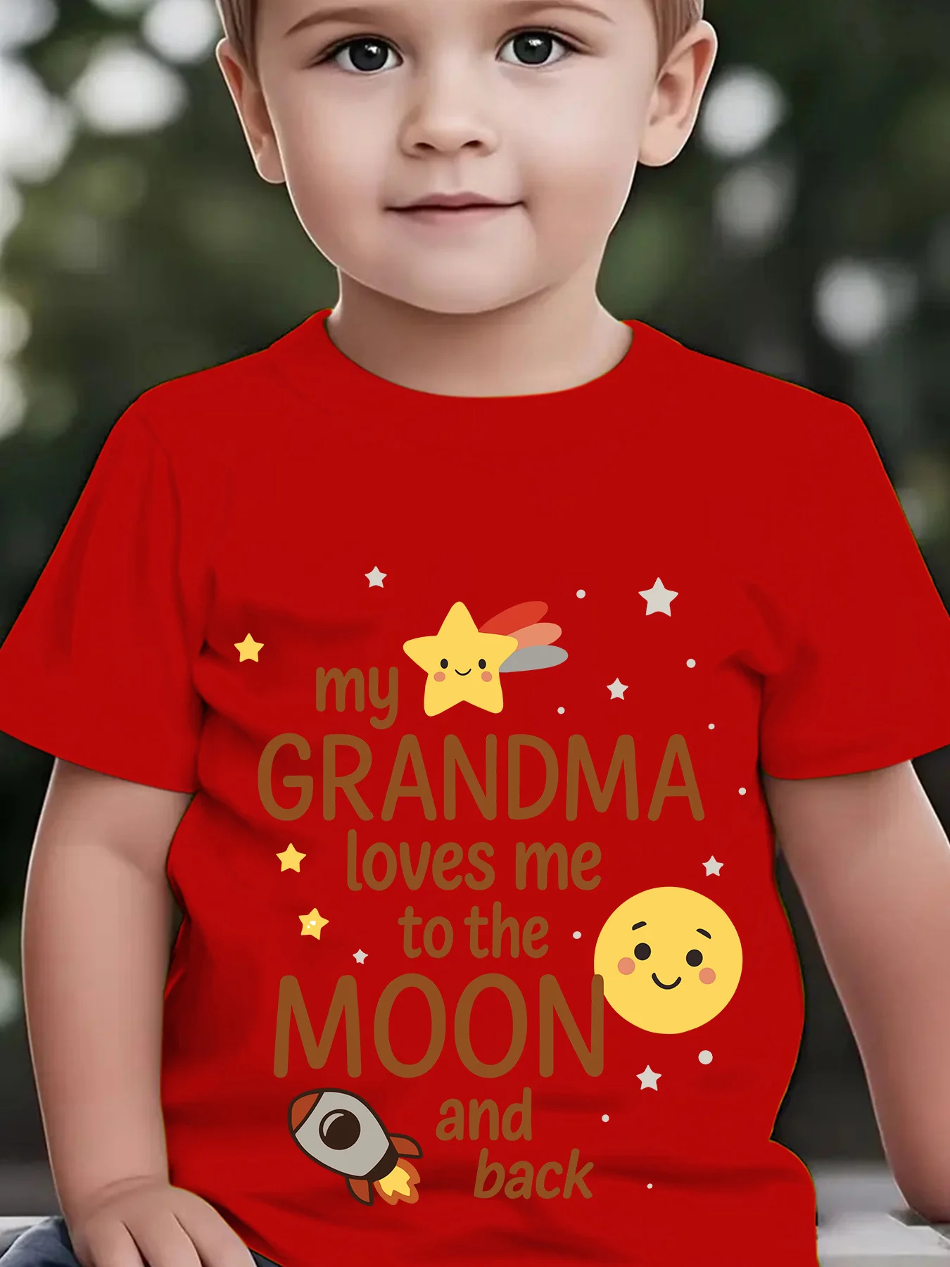 Summer Children's Fashion Short Sleeves MY GRANDMA LOVES ME TO THE MOON AND BA Star Rocket Cartoon Printed Outdoor Casual Top