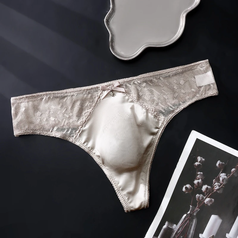 Men's Sexy Panties Lace Sheer G String Thongs Ice Silk Bow Mesh Briefs U Convex Pouch Underwear See Through Sissy Lingerie