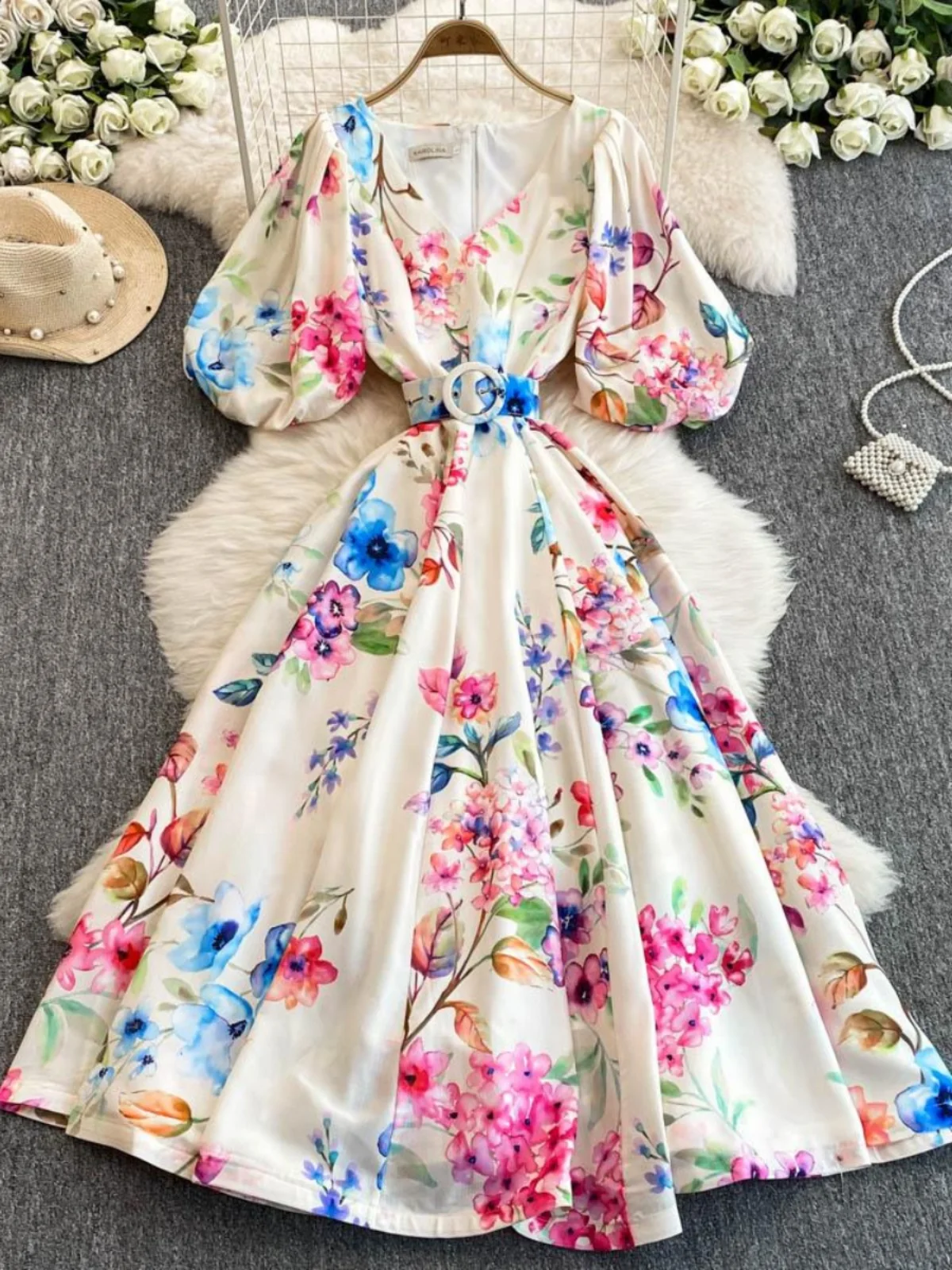 

Princ Sle Floral Print Bubble Sve Dr Women's High Waist Slimming Design Korean Faion Summer New Arrivals A-Line ...