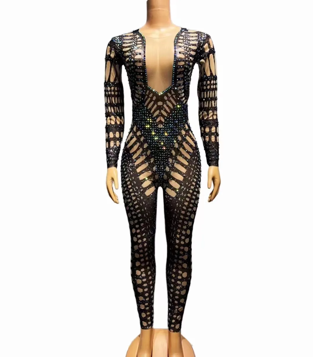 

Colorful AB Rhinestones Sexy Transparent Black Jumpsuit Dance Stretch Leggings Bodysuit Evening Celebrate Costume zidong