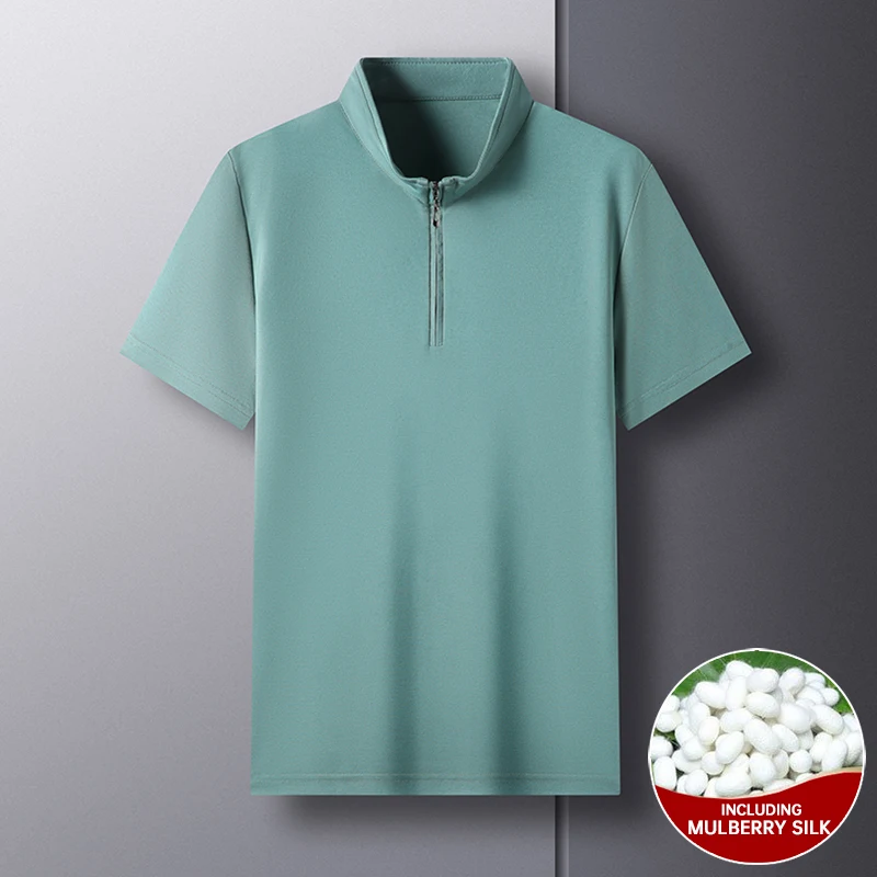 Camisa polo de seda amoreira masculina, tops casuais de manga curta, roupas lisas luxuosas com zíper, seda de alto nível 4,7%, verão, nova marca
