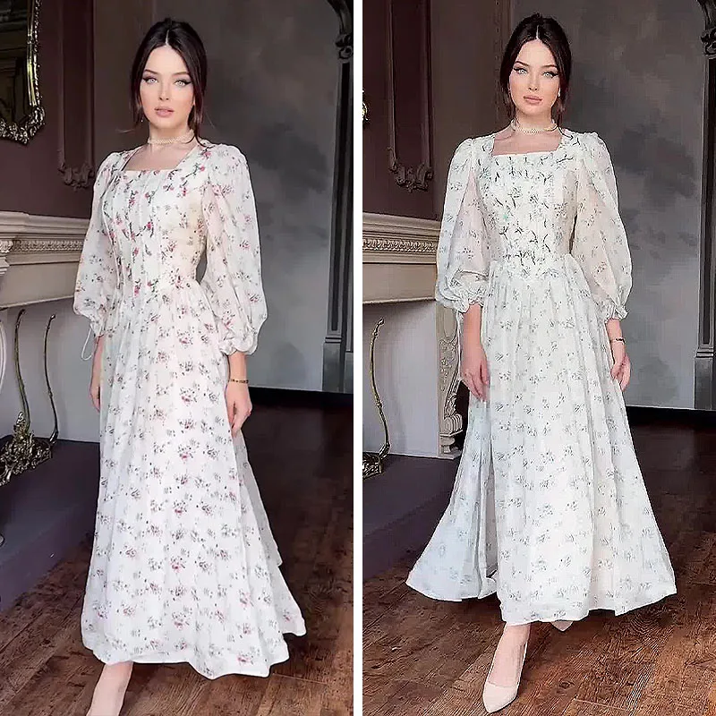 

Elegant Printed Lace Up Long Dress Women's Fashion Contrast Color Party Dress Slim Patchwork Summer Women's Long Dress