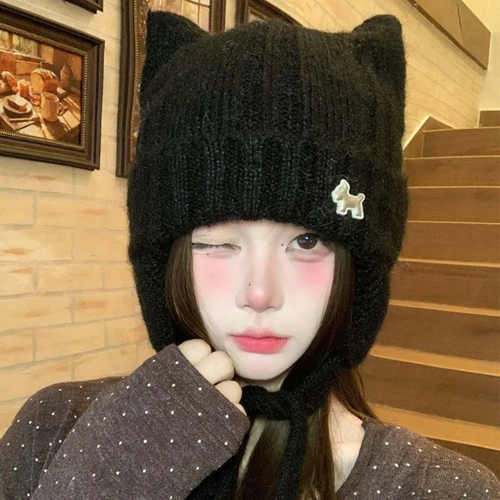 Loose Fit Cat Ears Hat Thick Warm Windproof Design Winter Knit Beanie Ear Protection Solid Color Ear Flap Cap Casual Dating