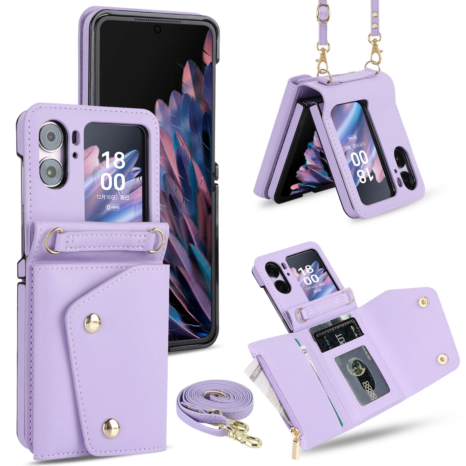 

Многофункциональный кожаный чехол-кошелек на молнии через плечо для Oppo Find N3 Flip 5g, сумка для карт с длинной веревкой и ремешком, чехол Rfid