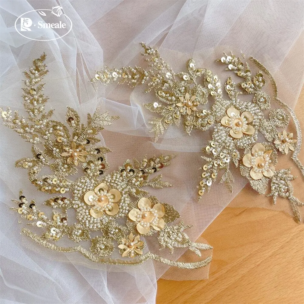 2 Stück/1 Paar 12 Farben Pailletten-Röhrchen-Perlen-Stickerei-Spitzenapplikation Hanfu-Kopfbedeckung DIY-Spitzenpatch mit verspiegelten Spitzenblumen RS4198 – Detail 3