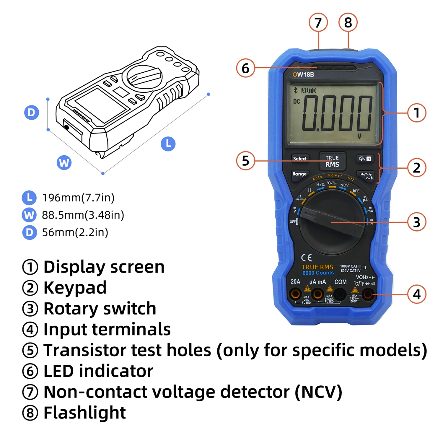 OWON OW18B 디지털 스마트 멀티미터, 6000 카운트 블루투스 멀티미터, True RMS 1000V AC DC 전압 테스터, 전류계 주파수 계량기