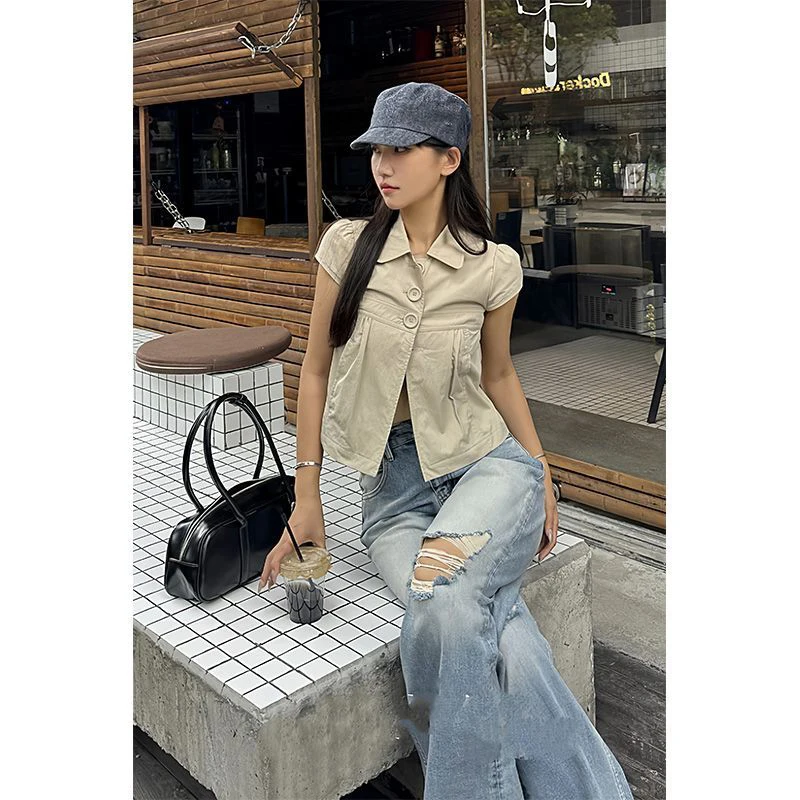 

Новинка: Женские укороченные рубашки MEXZT в винтажном стиле, японские блузки Harajuku черного цвета с коротким рукавом, летние повседневные топы Y2K в корейском стиле с пуговицами