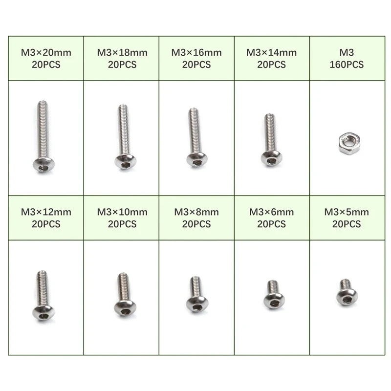 340pcs M3-20 Hexagon socket with nut 304 stainless steel cup head hexagon socket screw combination set in box