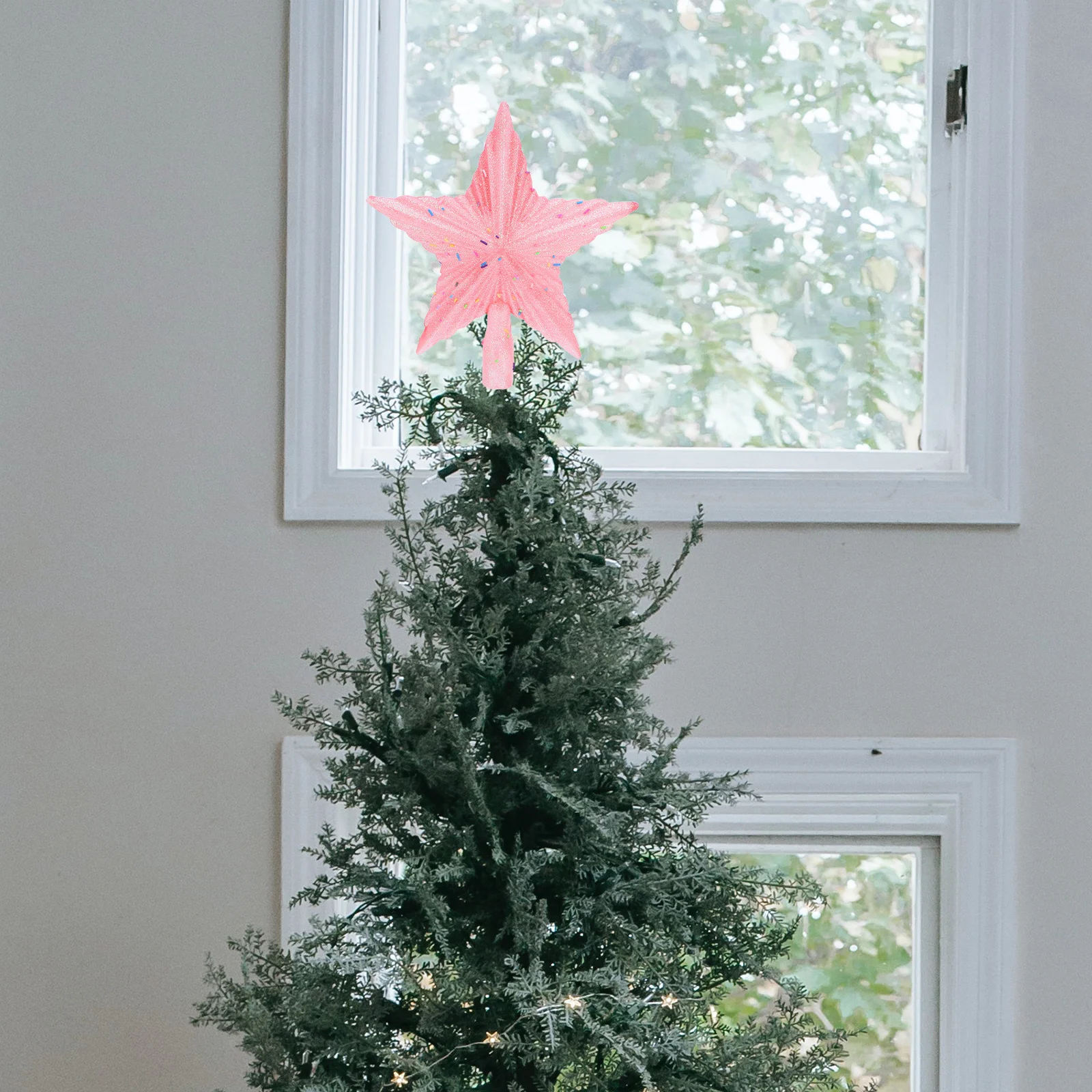 

Pink Glitter Five-Pointed Star Christmas Tree Topper Shatterproof Plastic Waterproof Xmas Tree Decoration Finial for Holiday