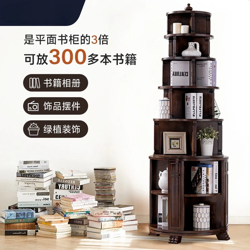 American all-solid wood shelf European rotating bookshelf 360-degree small bookcase