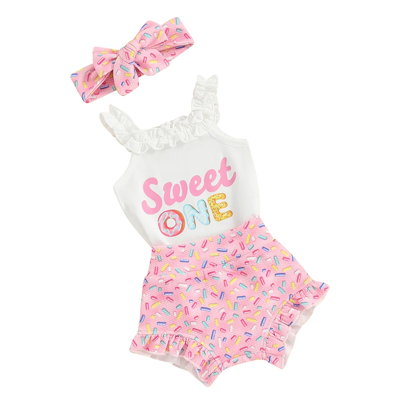 3Pcs Baby Girl Summer Clothes Set Letter Frills Sleeveless Rompers Candy Bar Print Shorts Headband Newborn Outfits