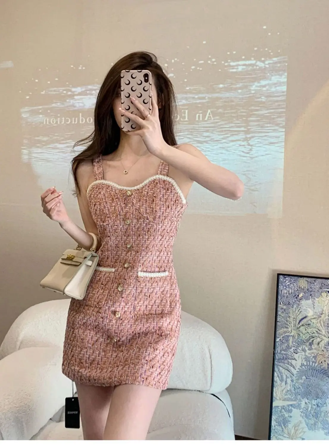 Women Tweed Vintage Pink Suit Jacket Coat Top And Dress Two Piece Set Outfit Winter Jacquard Elegant Chic Party Y2K Clothing