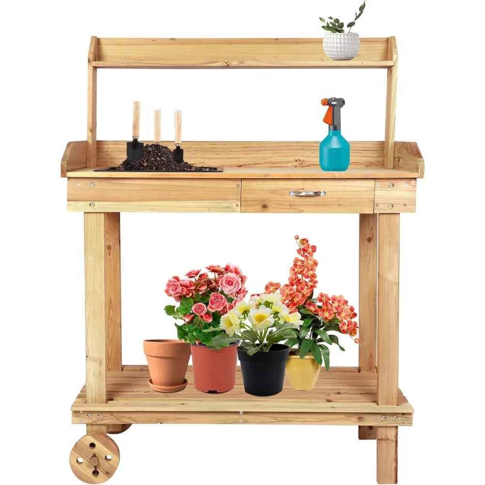 

Outdoor Garden Potting Bench Table with Removable Sink Gardening Work Bench with Drawer Shelves Hooks on Wheels