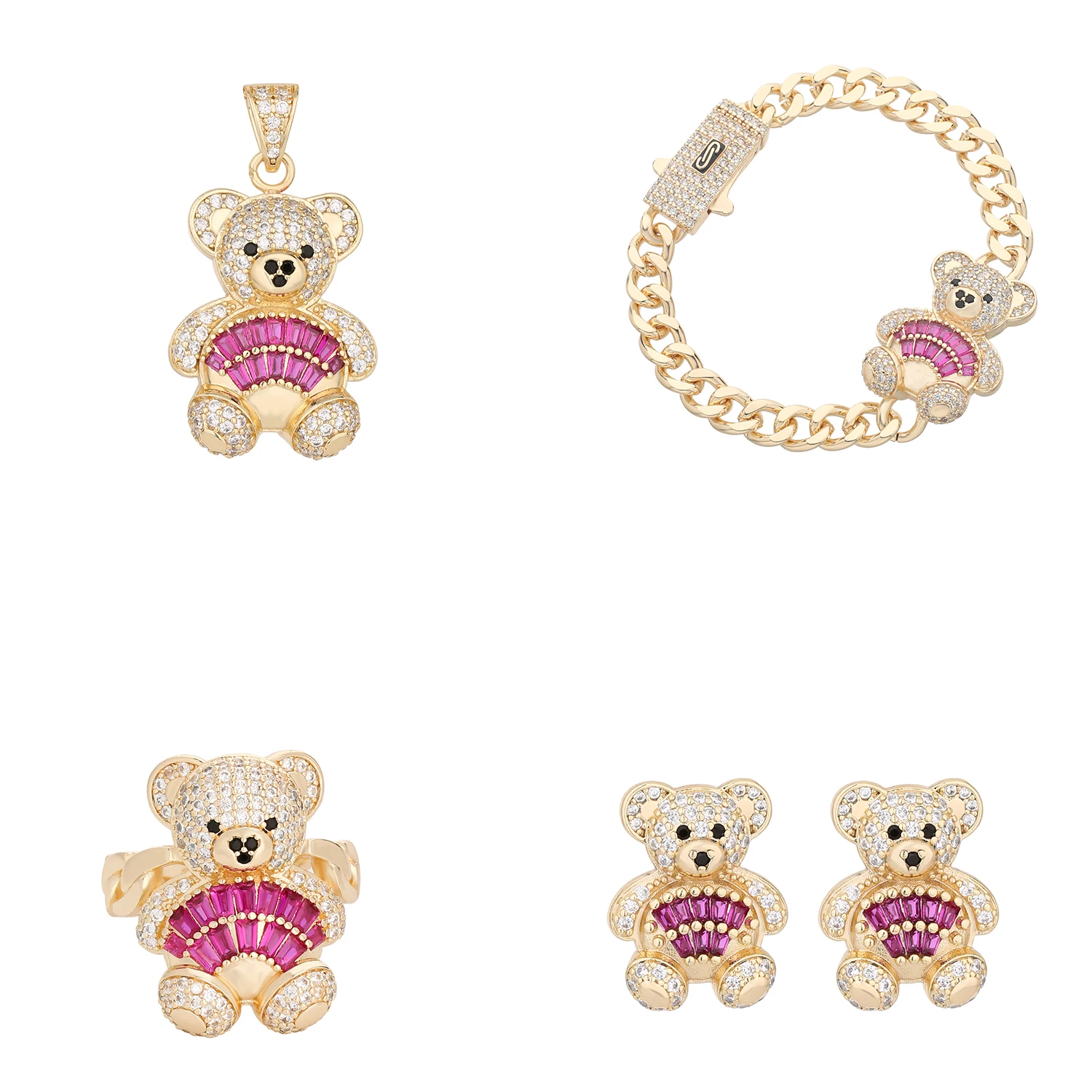 Bear pendant bracelet earring ring set, four-piece jewelry set for girlfriend as a gift, support wholesale