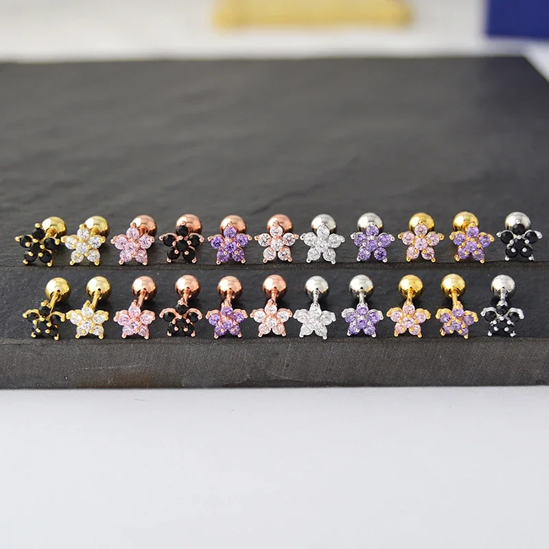 1 Pcs Minimalist Tiny Stainless Steel Cartilage Stud Earring Cubic Zircon Pentagram Flower Small Piercing Ear Jewelry Accessory