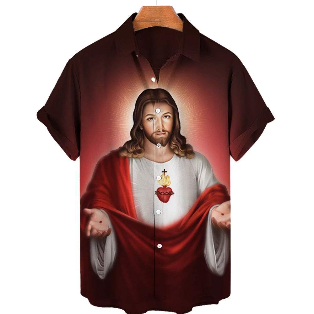 God Jesus Mary Hawaiian Shirts For Men\'s Crucified Religion 3D Print Harajuku Casual Short Sleeve Oversived Top Clothes Tropical