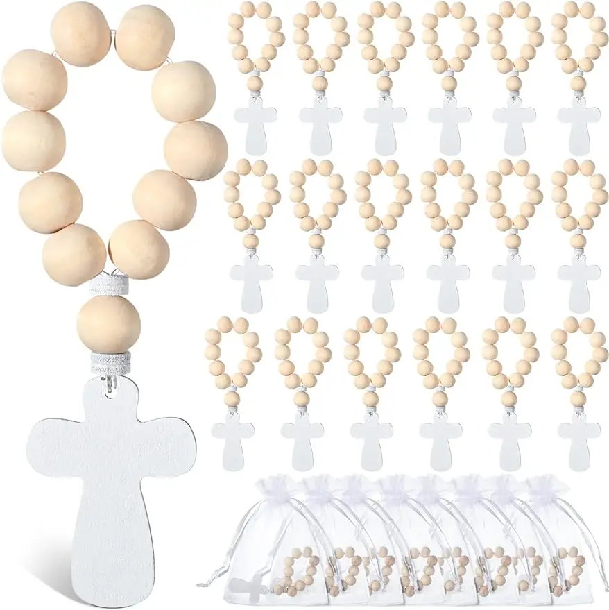 6/12/18PCS Wooden Rosary Wood Bulk Catholic with Crucifix Wooden Cross Pendant with White Mesh Bags for Baptism First Communion