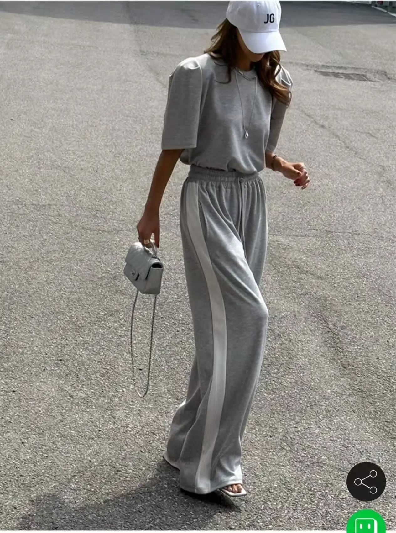 Women's Bubble Sleeve T-Shirt Top with Elastic Waist Wide Leg Pants Set round Neck Loose Fit Slimming Color Block Casual Outfit