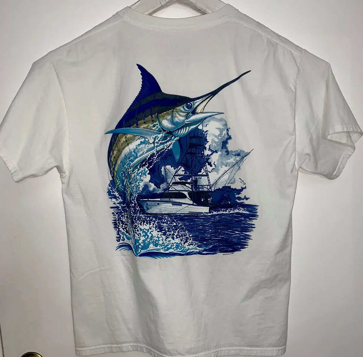 Guy Harvey By AFTCO Bluewater T Shirt 2004 Blue Marlin Fish Logo Pocket Mens LG