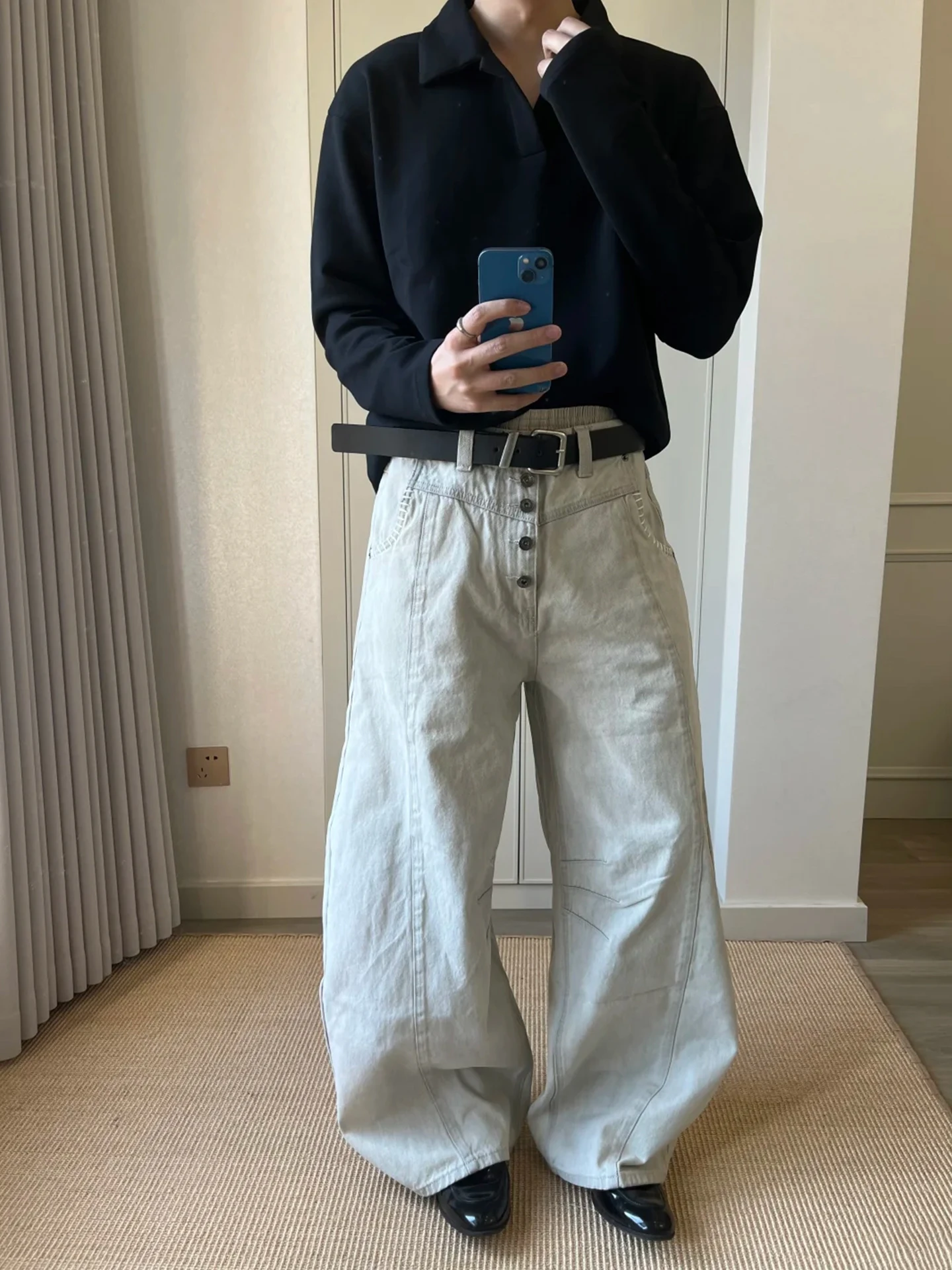 

High Waist Wide Leg Jeans Men's American High Street Loose Casual Deconstructed Knife Button Pred Pleats