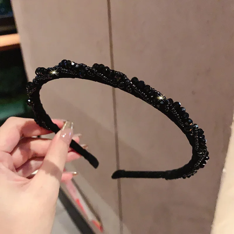 Korean Style Light Luxury Retro Headbands Hoops Black Crystal Fine Headband Fashionable High-End Temperament Versatile Hairband