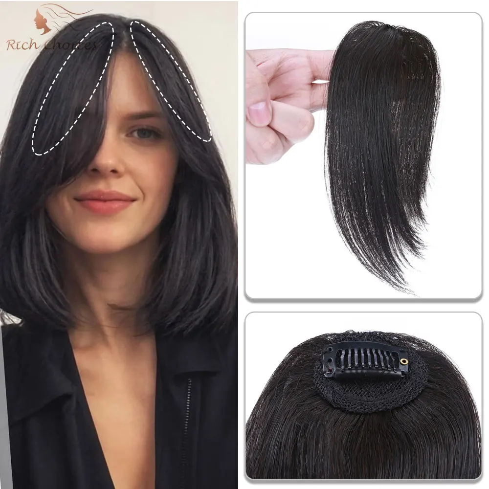 

2 PCS Clip in Wave Side Bangs Hair Extensions 100% Human Hair Clip on Middle Part French Bangs Sides Swept Fringe Hairpieces