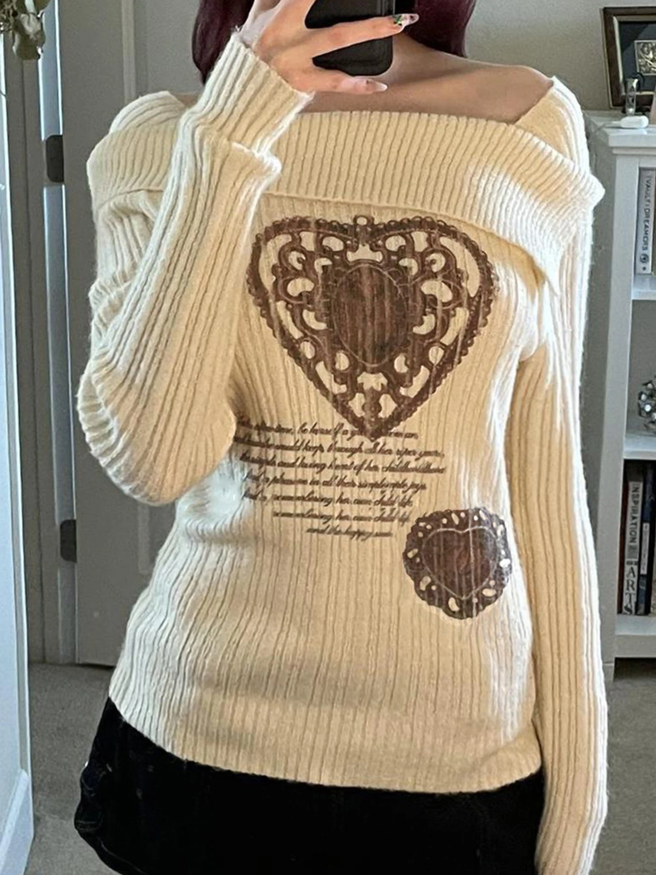 Sweetown White Autumn Winter New Sweater Women Long Sleeve Y2k Retro Heart Print One shoulder Hotsweet Slim Pullovers