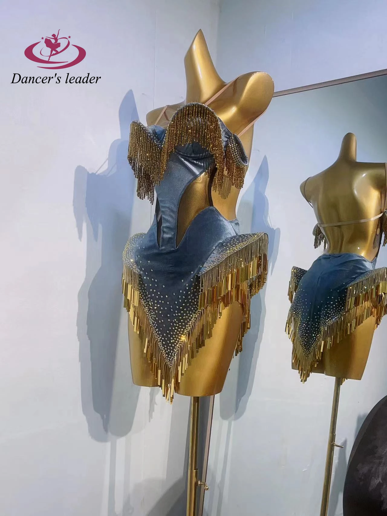 Latin Dance Stage High-end Custom Suede Gold Chain Catwalk Samba Strass Prestatiekostuum voor dames