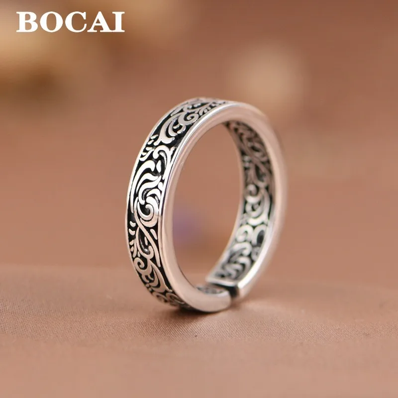 

BOCAI NEW S925 Silver Jewelry Retro Literary Tang Grass Pattern Ring for Women Fashionable Gifts