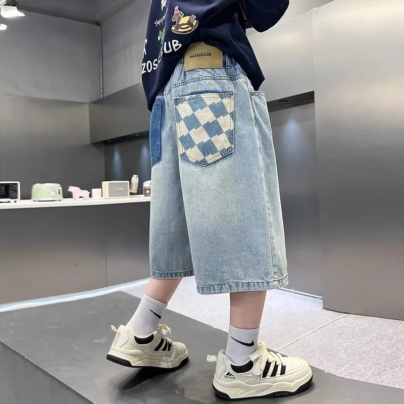Summer Junior Boys Shorts UNITIM Plaid Pockets Children Boys Denim Shorts Casual Wide Leg Shorts for 4-14Yrs Boys Teens Shorts