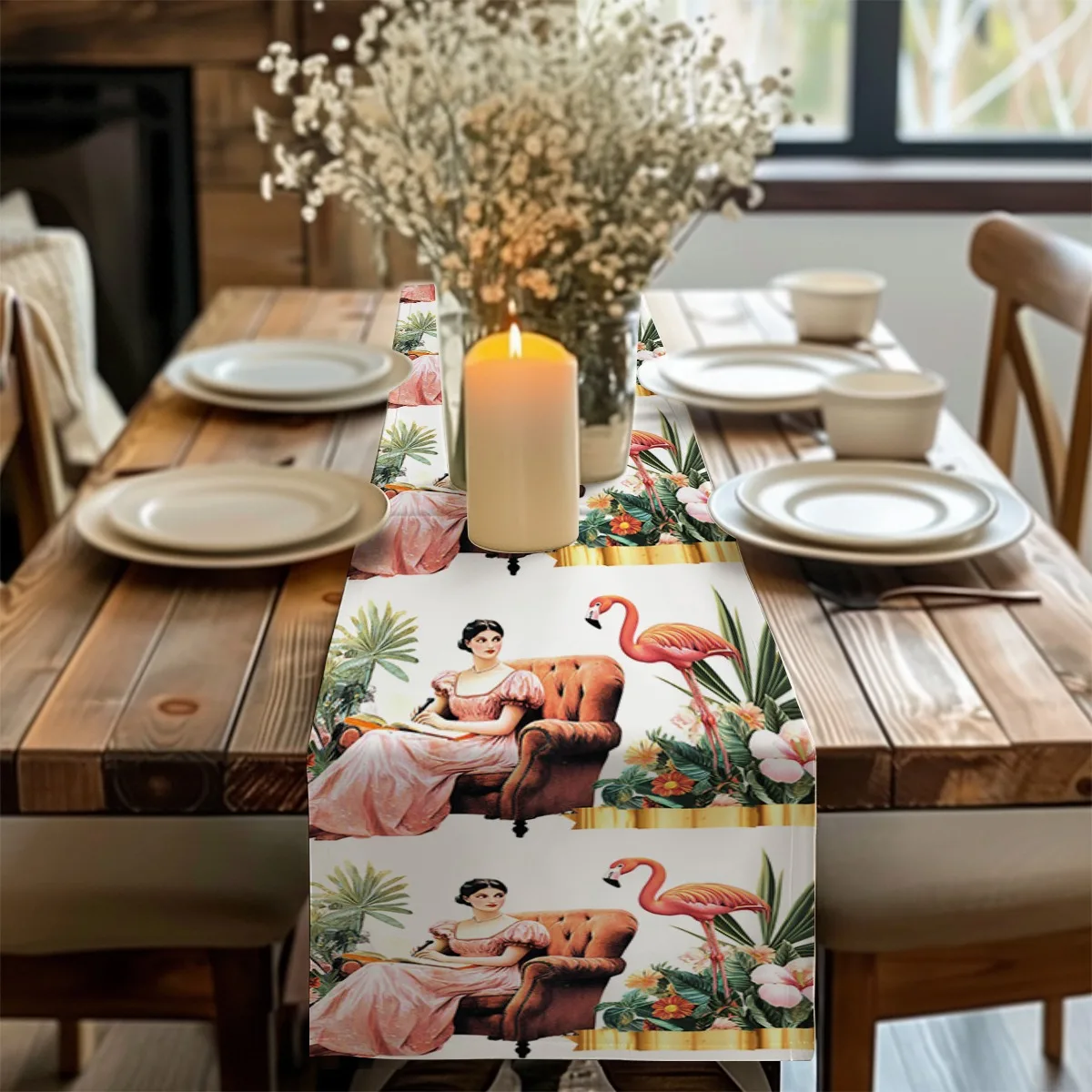 decorations table runner Flamingo and Tropical Flowers Vintage Style Long cloth for party decoration kitchen and farmhouse table