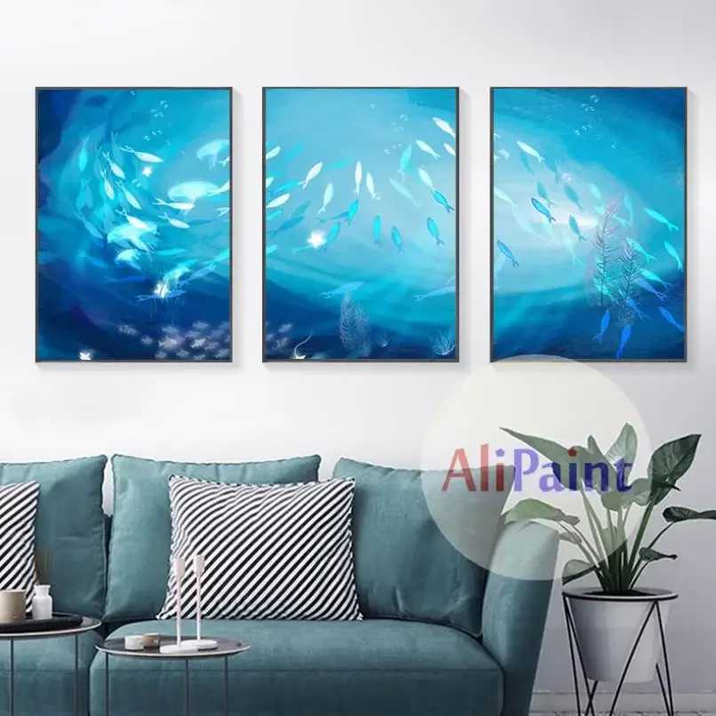 Abstract Poster Cartoon Blue Fish Group Silk Painting Childlike Wall Art Pictures Print Room Decorative For Nursery Children