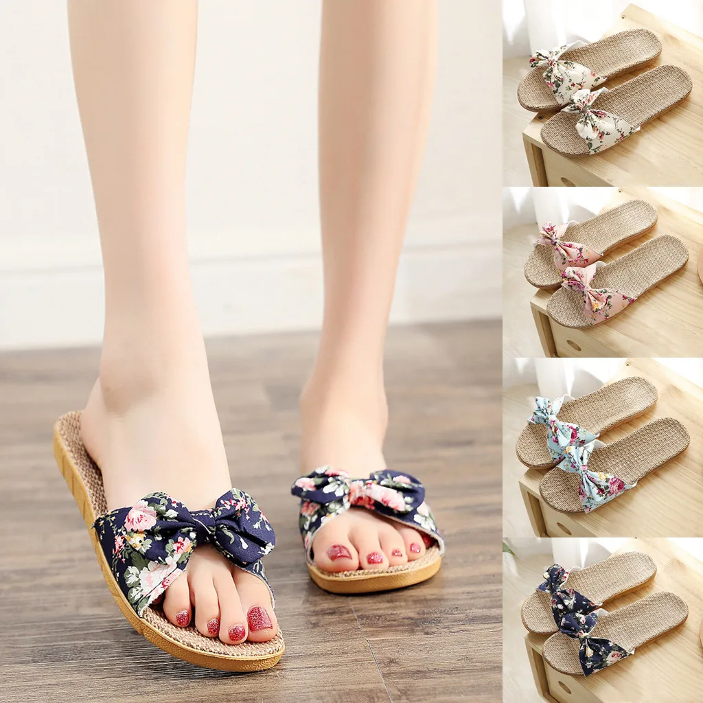 Women Female Bowknot Flax Linen Flip Flops Beach Shoes Sandals Slipper Chaussure Femme Sapatos Femininos Zapatos Mujer SandáLia