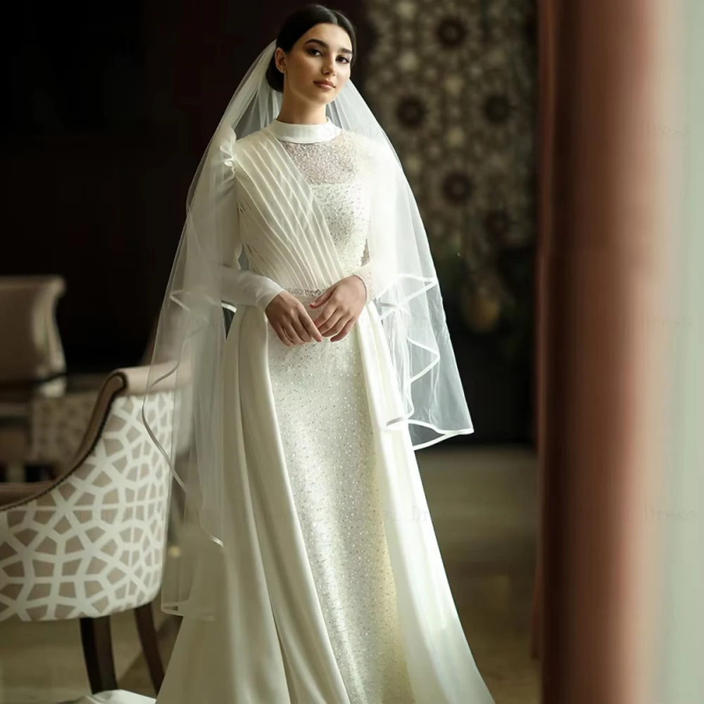 แขนยาวชุดแต่งงานสายคอชุดเจ้าสาวเลื่อมซิป Tulle ชีฟอง Vestido de novia ที่กําหนดเองมุสลิม