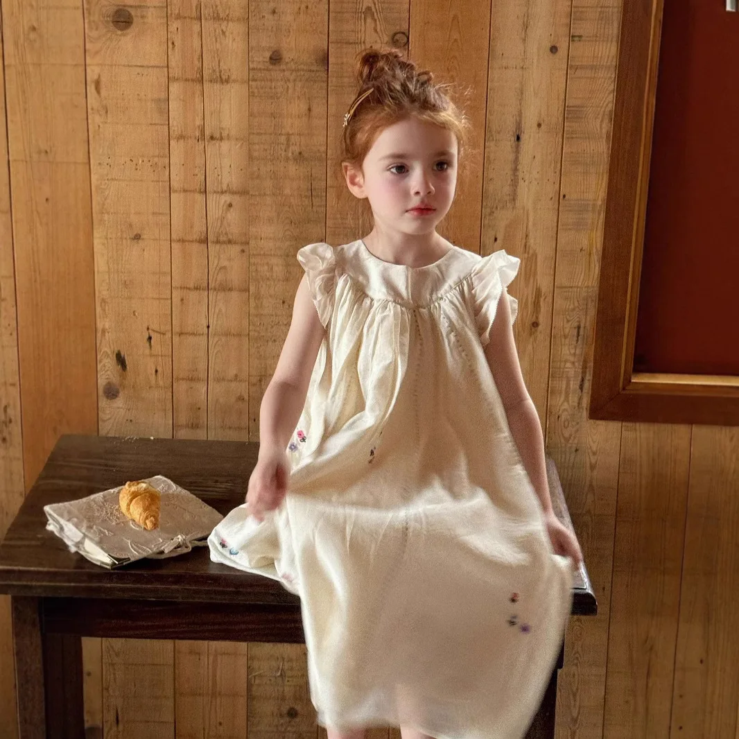 

Girls Dress Summer 2025 New Embroidered Children Clothing Baby Girls Elegant Embroidered Lyocell Flying Sleeve Dress