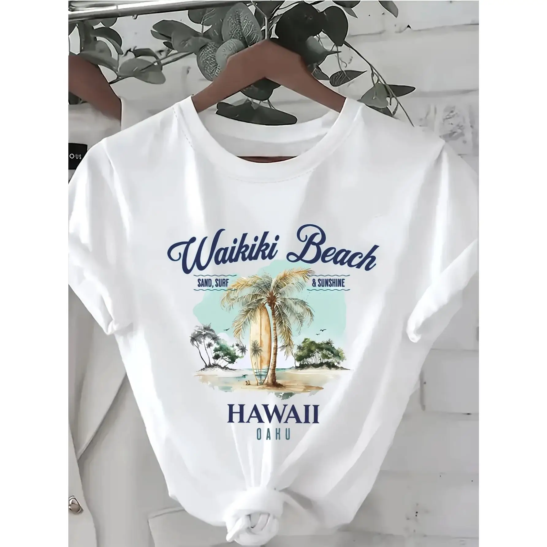 

Винтажная Гавайская футболка Waikiki, пляжная футболка с песчаным серфингом и солнечным рисунком, женская летняя одежда для отдыха