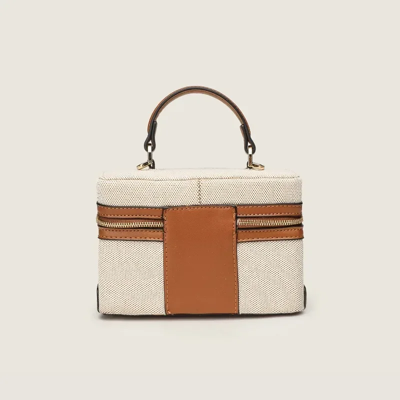 Trend Design Women\'s Small Square Box Bag 2024 Fashion Canvas Patchwork Leather Double Zipper Crossbody Single Bag High Quality