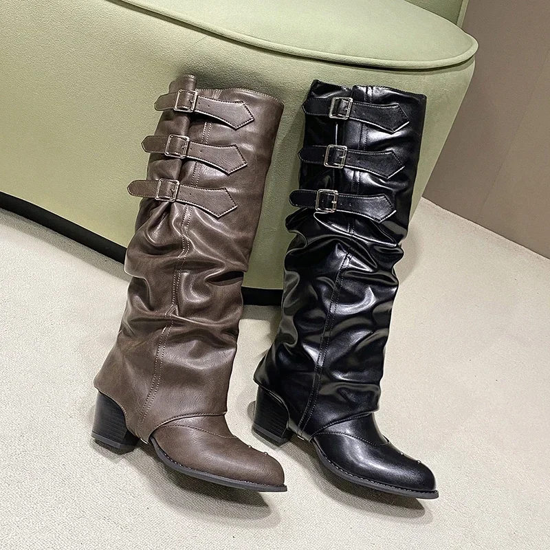 2024 summer new punk style pointed western cowboy boots retro knight bootsTwo-way belt buckle boots for women