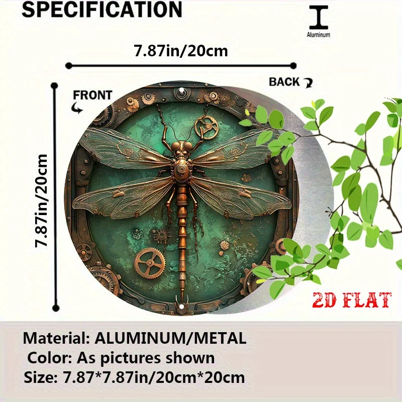 2D Flat, 1pc Steampunk Dragonfly Wall Art - 19.99cm Round Aluminum Sign with Intricate Gear & Mechanical Design, Rustic Metal Wa