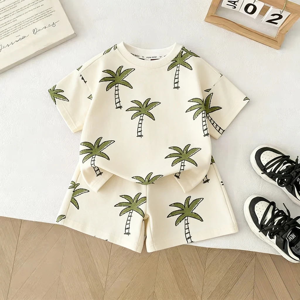 Kids Short Sleeve Two Piece Set Summer Casual Cotton Outfit For Boys And Girls Cute Lion Wear Cartoon Animal And Palm Tree Print