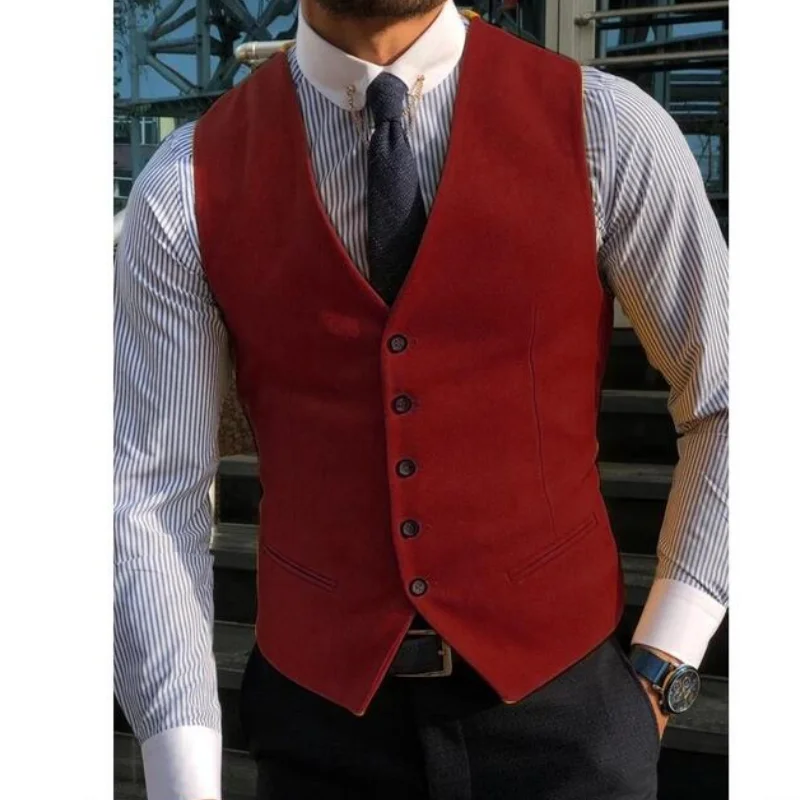 

Men Vest Red New Arrvial Classic Cotton Blended Slim Fit Formal Suit Waistcoat For Wedding Party Prom Suit Vests