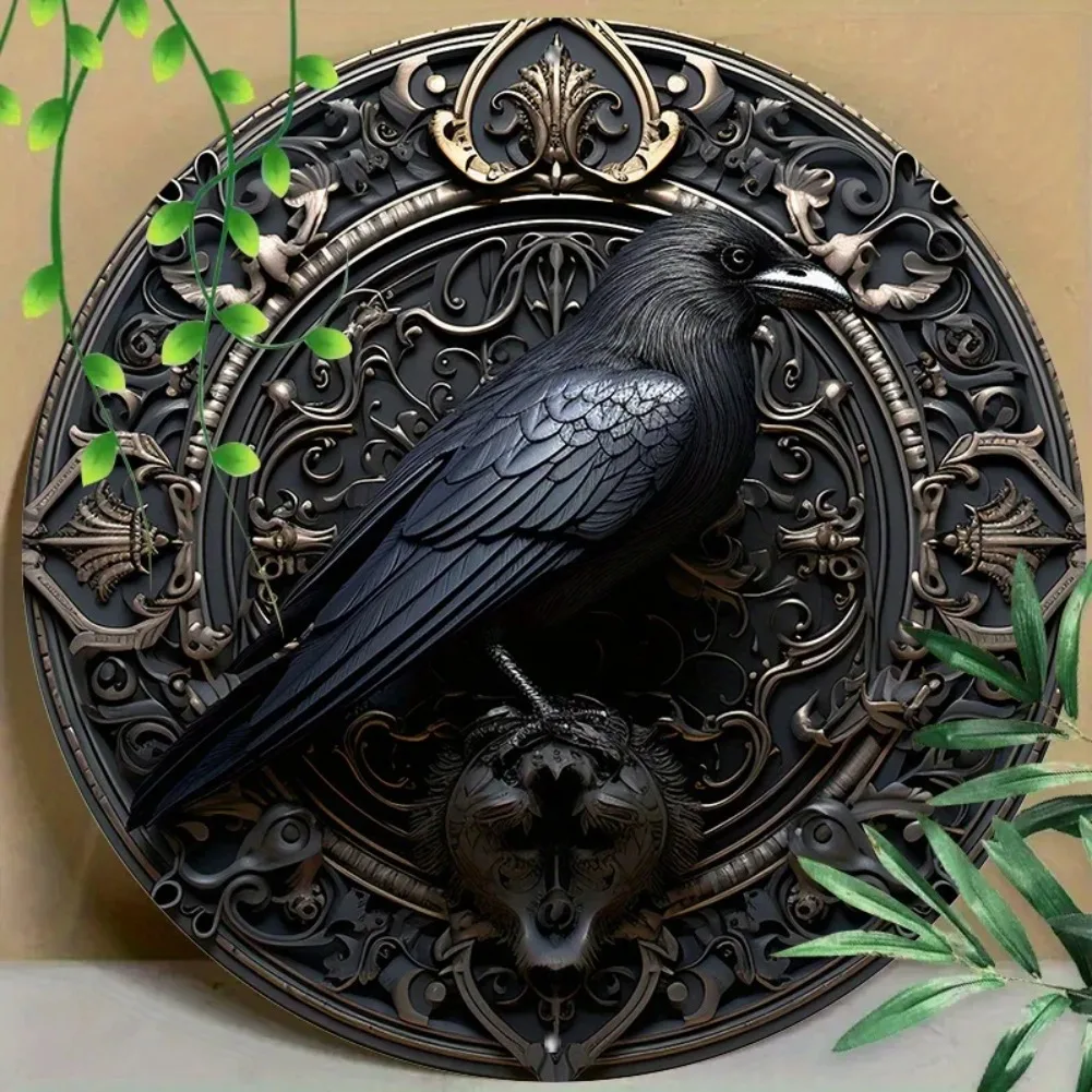 Gothic Crow Aluminium-Wandkunst, 20,3 cm und 29,2 cm, rundes, UV- und kratzfestes Metallschild für Zuhause, Büro, Café-Dekoration