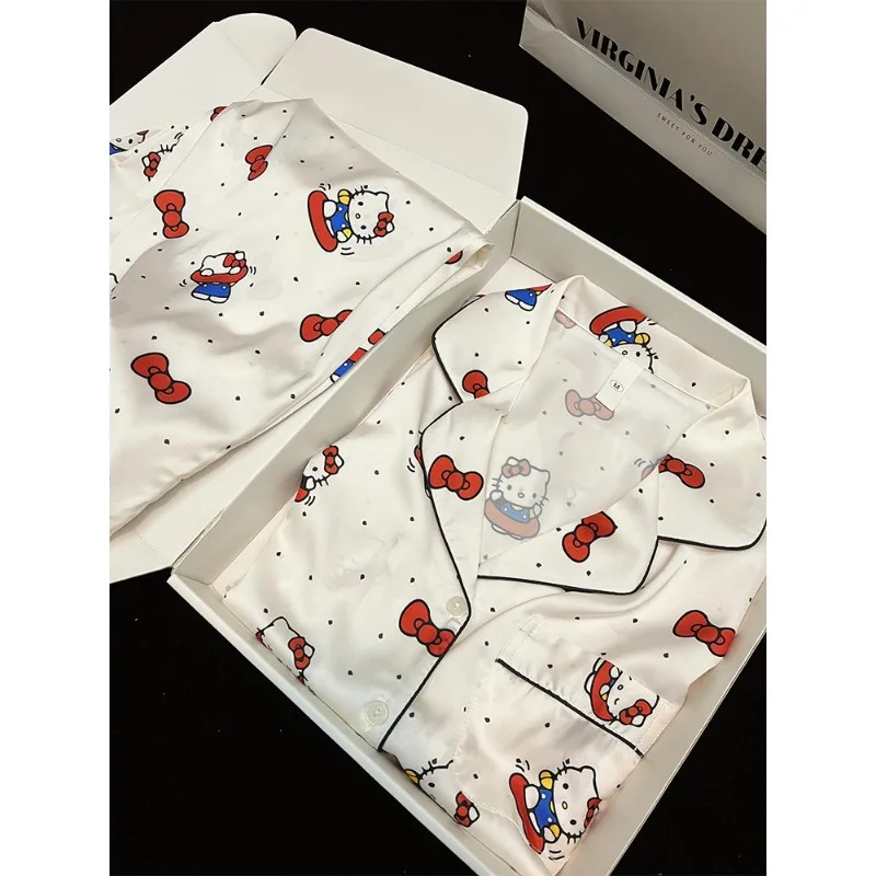 

Kawaii Hello Kitty Pajama Set, Light Luxury Cartoon Polka Dot Print Long Sleeved Sweet Outerwear Summer Home Clothing Wholesale